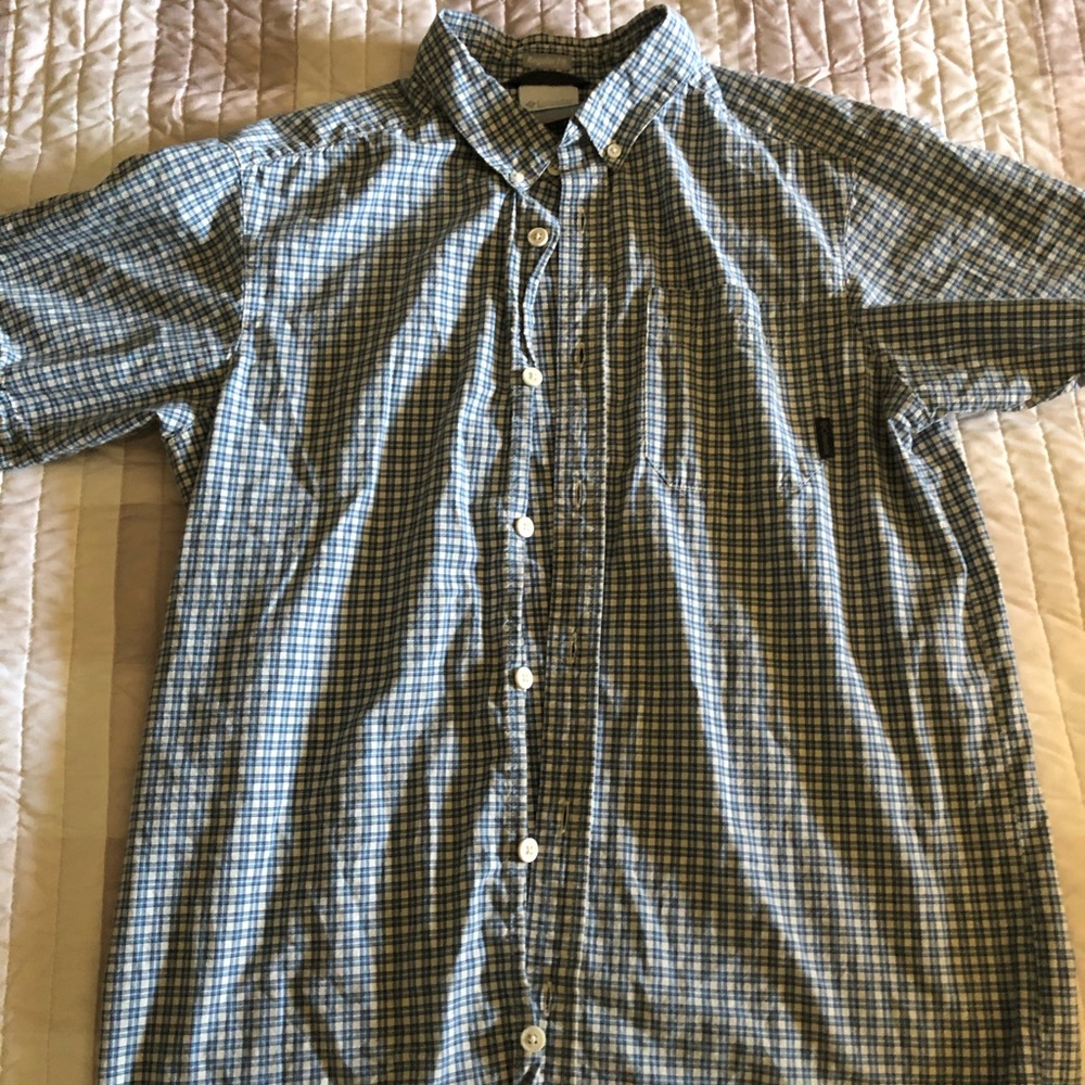 Columbia button green, blue and tan plaid shirt